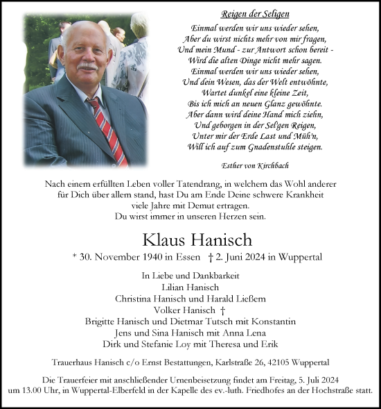 Anzeige von Klaus Hanisch von LZ
