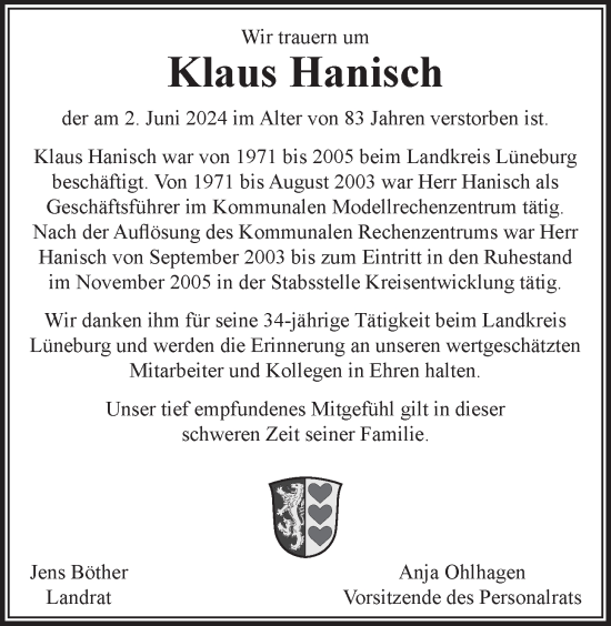 Anzeige von Klaus Hanisch von LZ