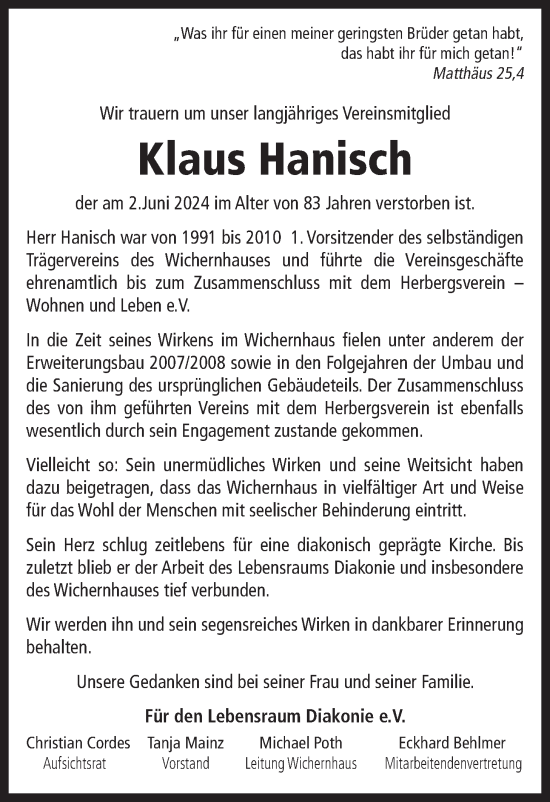 Anzeige von Klaus Hanisch von LZ
