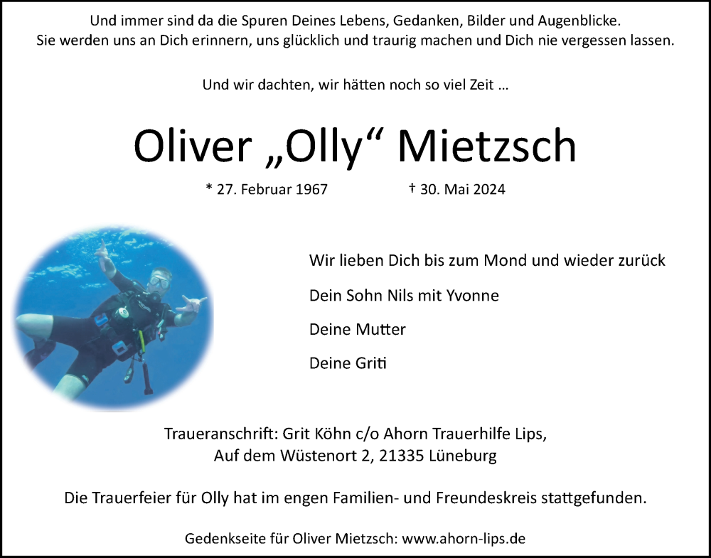  Traueranzeige für Oliver Mietzsch vom 22.06.2024 aus LZ