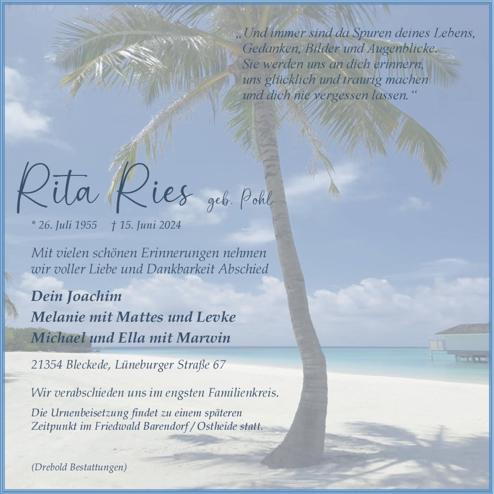  Traueranzeige für Rita Ries vom 22.06.2024 aus LZ