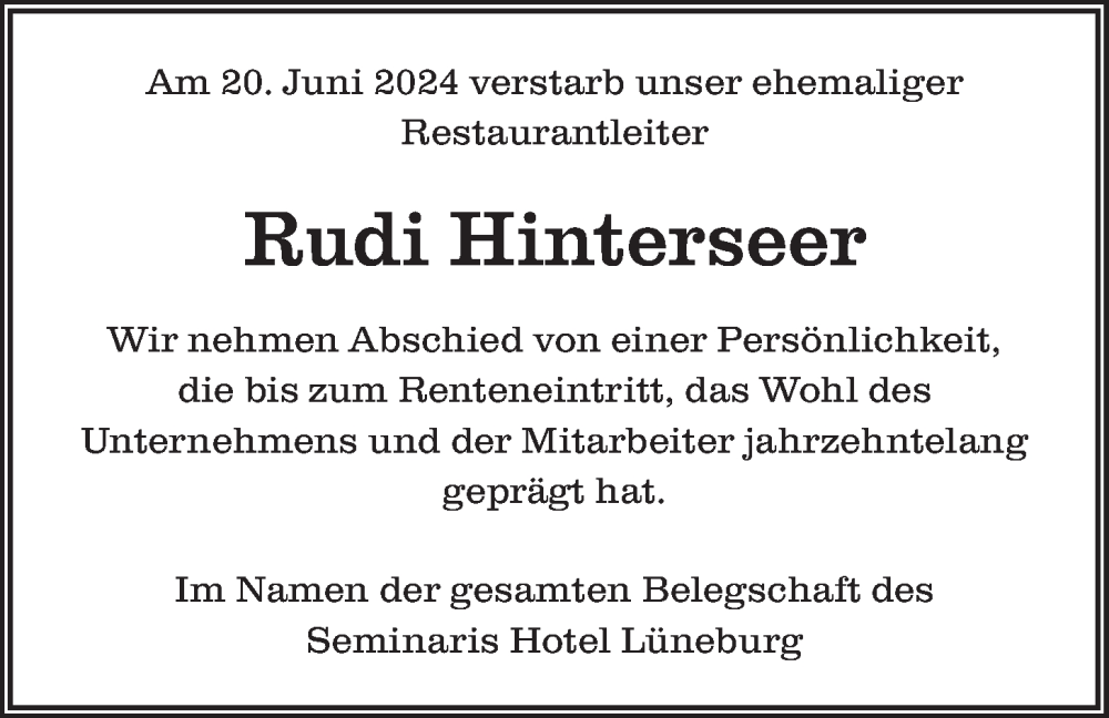  Traueranzeige für Rudi Hinterseer vom 29.06.2024 aus LZ