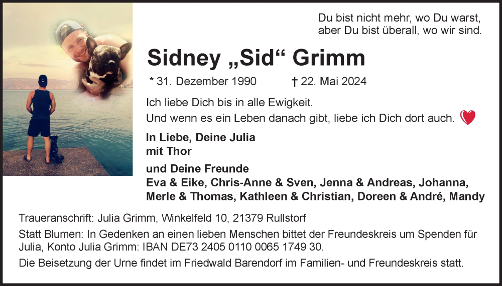  Traueranzeige für Sidney Grimm vom 01.06.2024 aus LZ