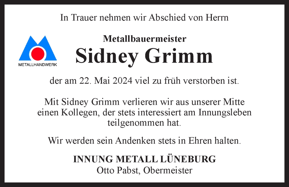  Traueranzeige für Sidney Grimm vom 01.06.2024 aus LZ