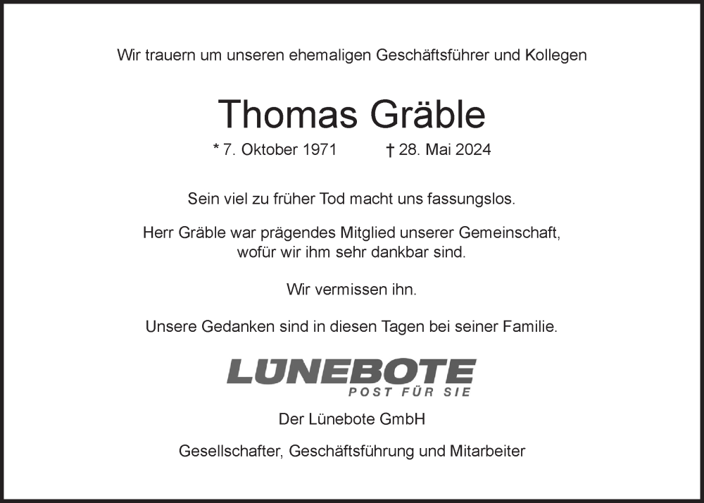  Traueranzeige für Thomas Gräble vom 01.06.2024 aus LZ