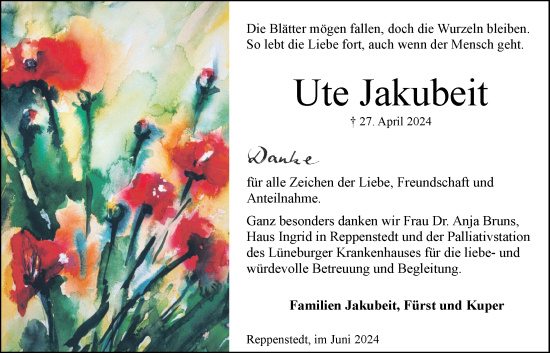 Anzeige von Ute Jakubeit von LZ