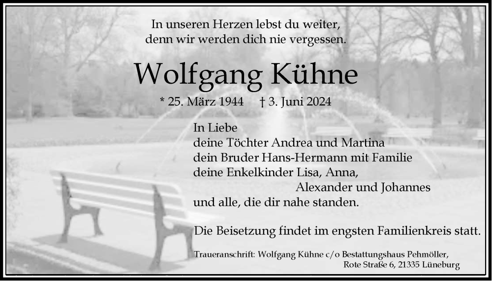  Traueranzeige für Wolfgang Kühne vom 08.06.2024 aus LZ