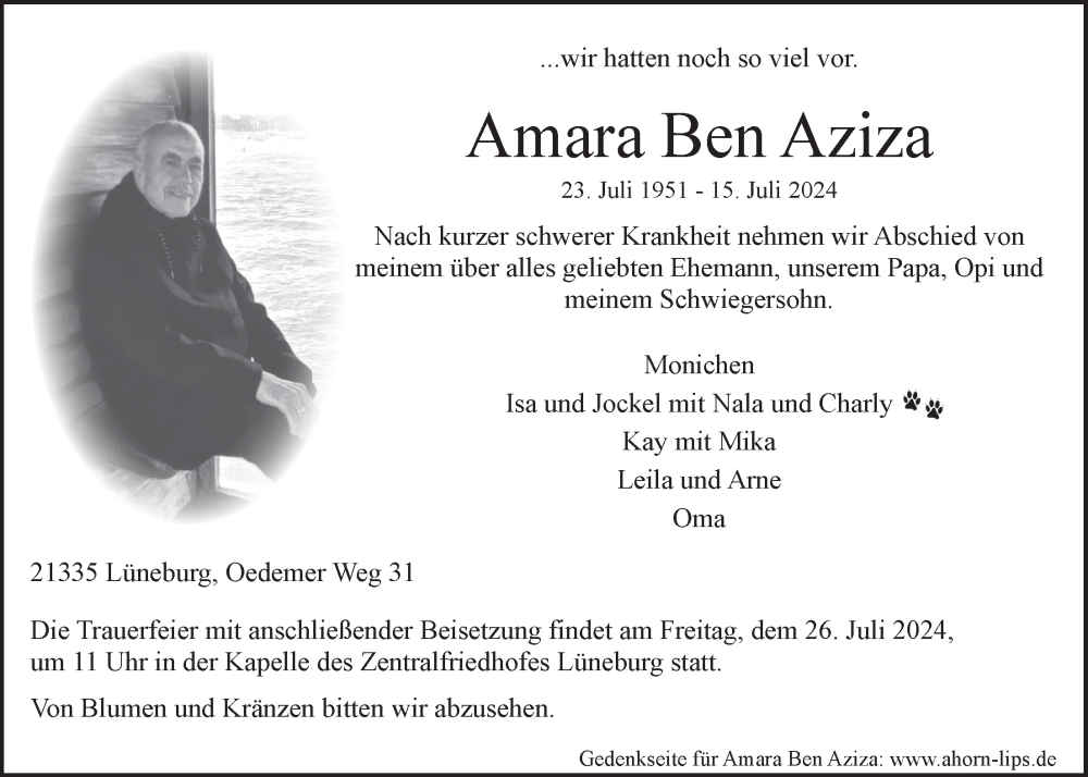  Traueranzeige für Amara Ben Aziza vom 20.07.2024 aus LZ