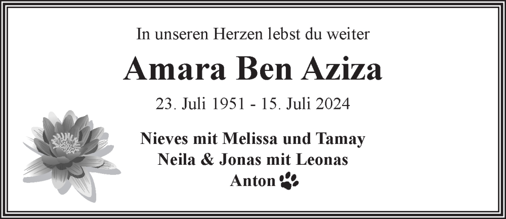  Traueranzeige für Amara Ben Aziza vom 20.07.2024 aus LZ