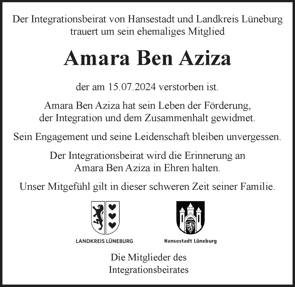  Traueranzeige für Amara Ben Aziza vom 27.07.2024 aus LZ