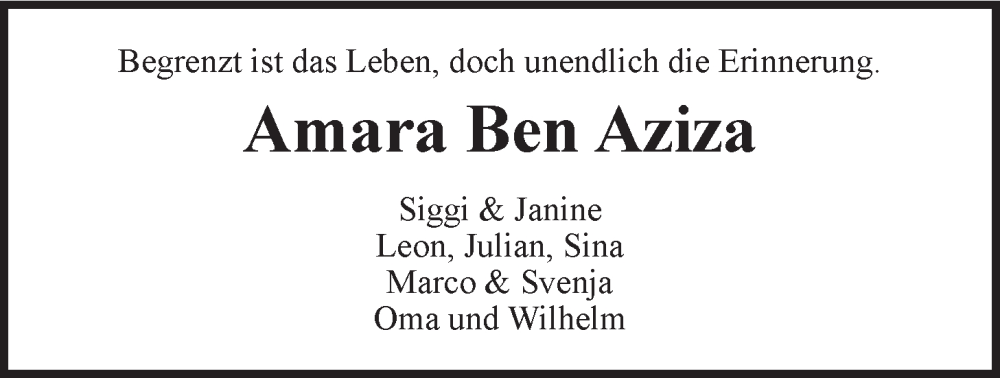  Traueranzeige für Amara Ben Aziza vom 20.07.2024 aus LZ