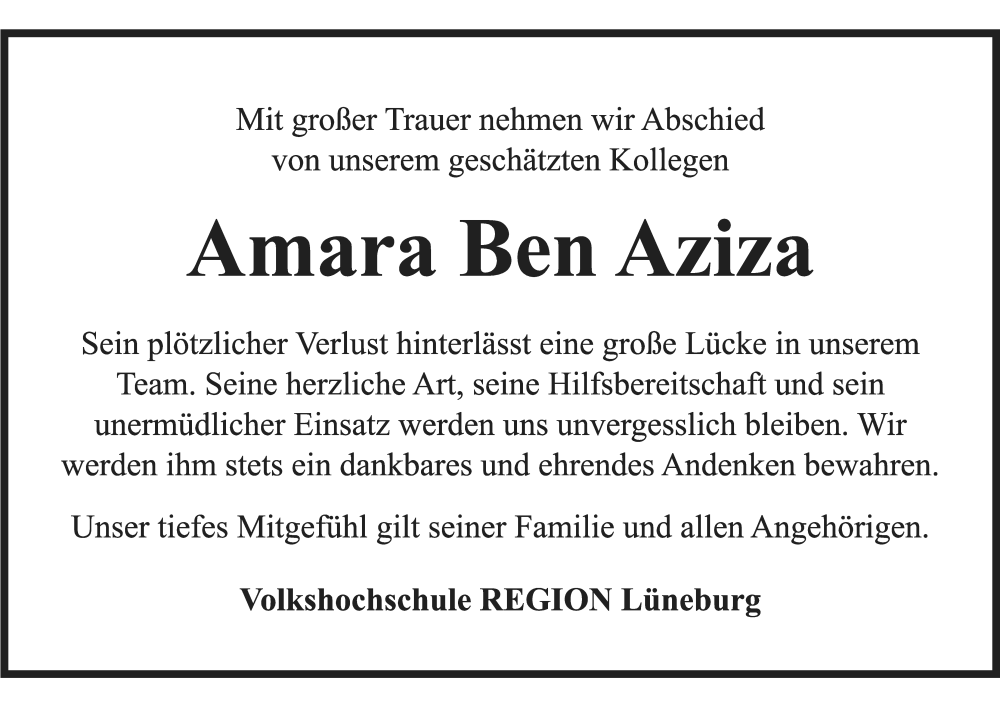  Traueranzeige für Amara Ben Aziza vom 25.07.2024 aus LZ