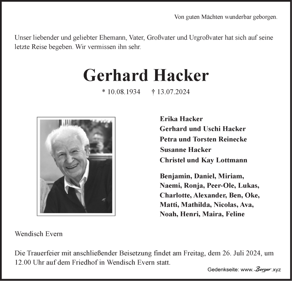  Traueranzeige für Gerhard Hacker vom 20.07.2024 aus LZ
