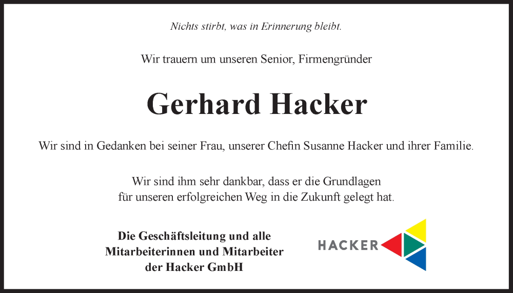  Traueranzeige für Gerhard Hacker vom 20.07.2024 aus LZ
