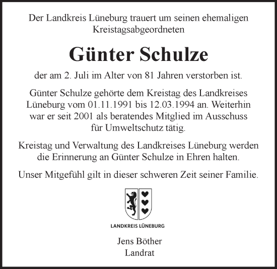Anzeige von Günter Schulze von LZ