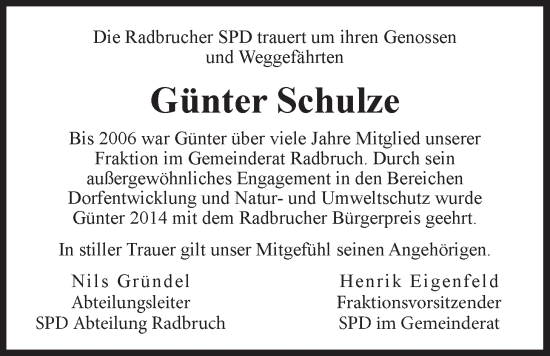 Anzeige von Günter Schulze von LZ