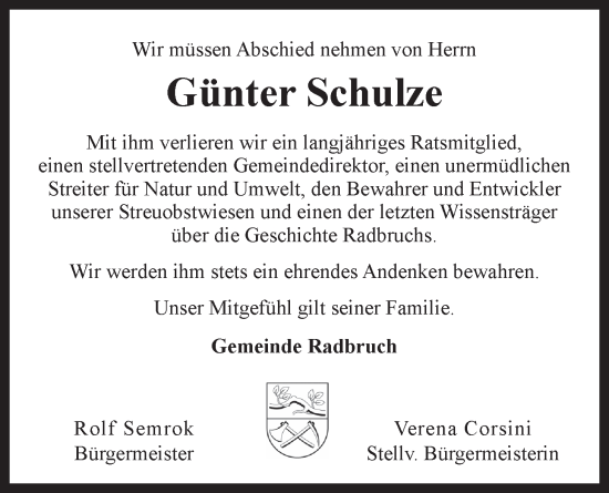 Anzeige von Günter Schulze von LZ