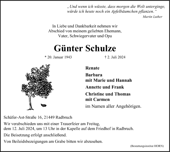 Anzeige von Günter Schulze von LZ