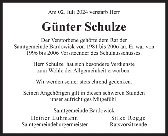 Anzeige von Günter Schulze von LZ