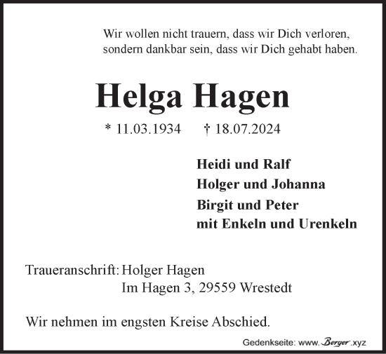 Anzeige von Helga Hagen von LZ