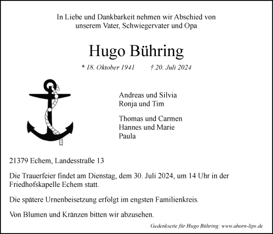 Anzeige von Hugo Bühring von LZ