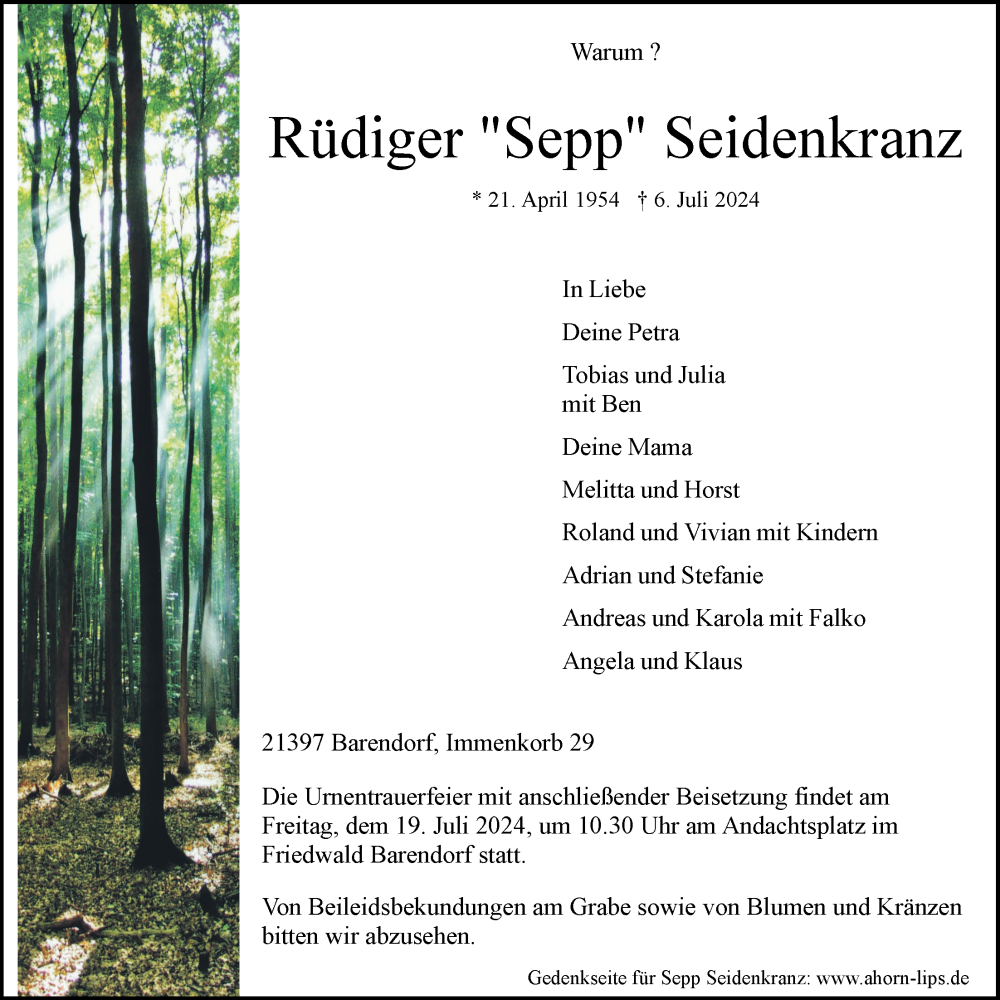  Traueranzeige für Rüdiger Seidenkranz vom 13.07.2024 aus LZ