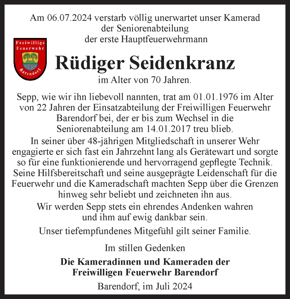  Traueranzeige für Rüdiger Seidenkranz vom 13.07.2024 aus LZ