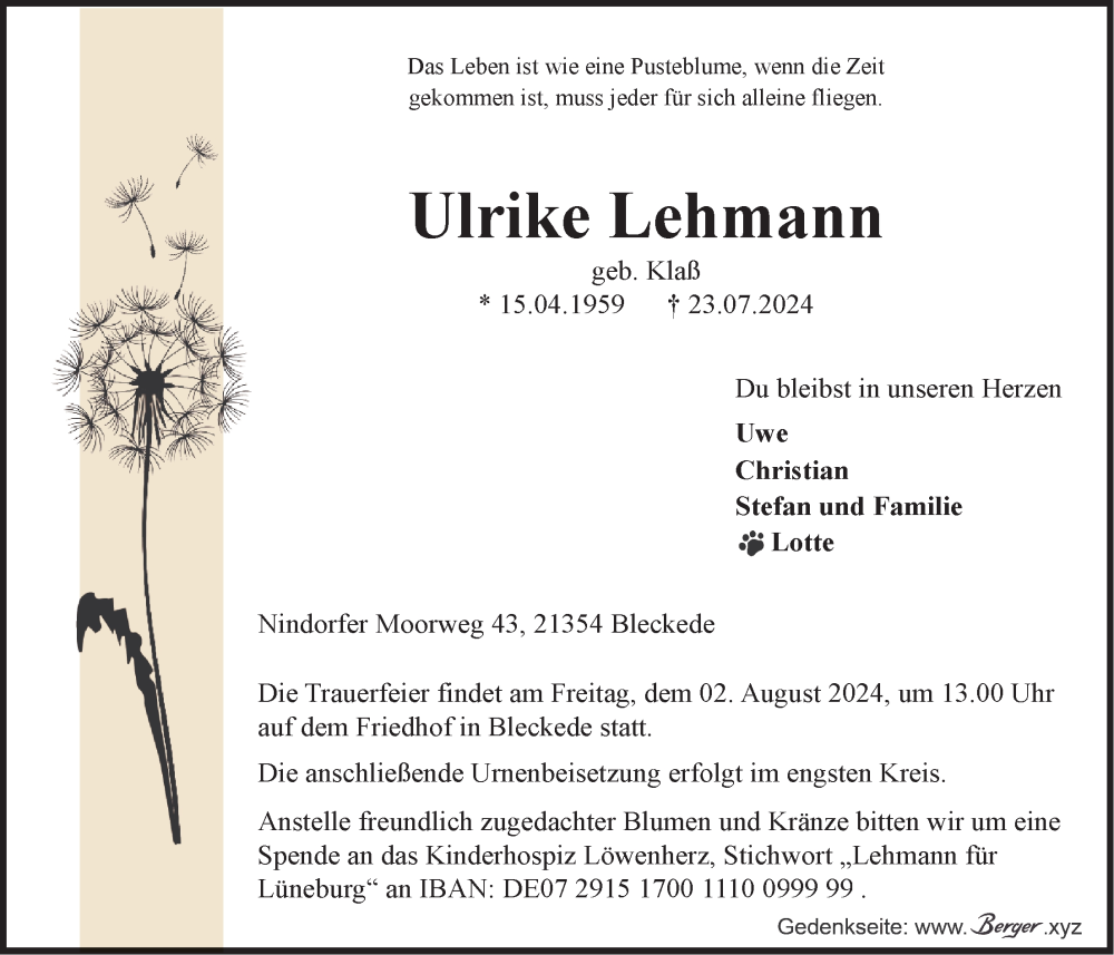  Traueranzeige für Ulrike Lehmann vom 27.07.2024 aus LZ