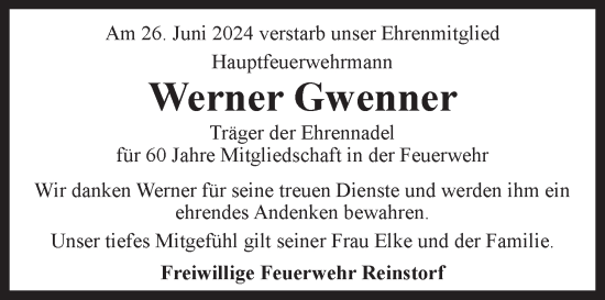 Anzeige von Werner Gwenner von LZ