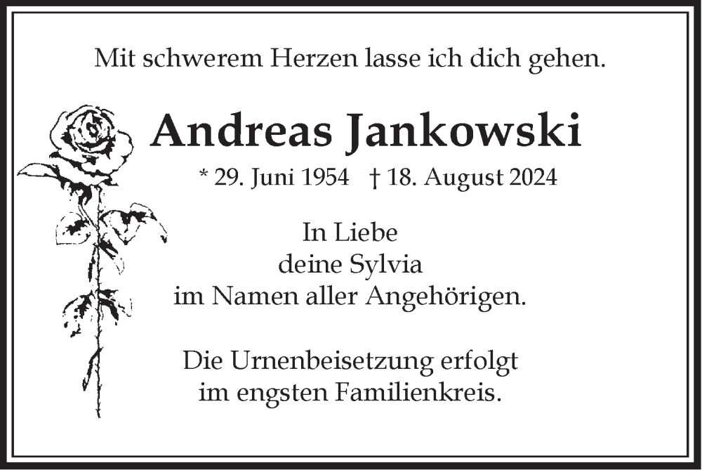  Traueranzeige für Andreas Jankowski vom 24.08.2024 aus LZ