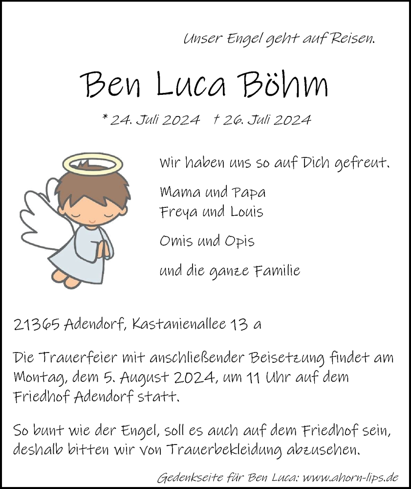  Traueranzeige für Ben Luca Böhm vom 31.07.2024 aus LZ