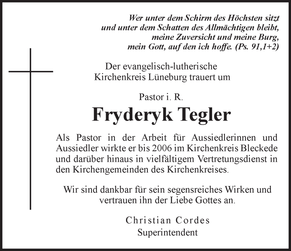  Traueranzeige für Fryderyk Tegler vom 07.08.2024 aus LZ