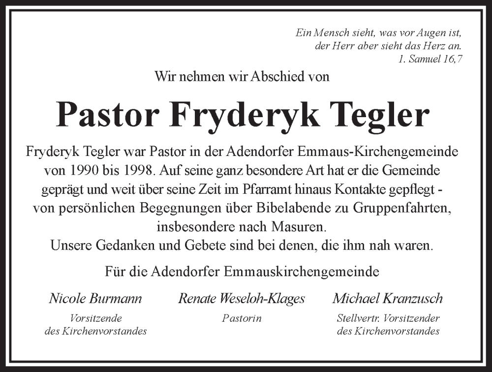  Traueranzeige für Fryderyk Tegler vom 03.08.2024 aus LZ