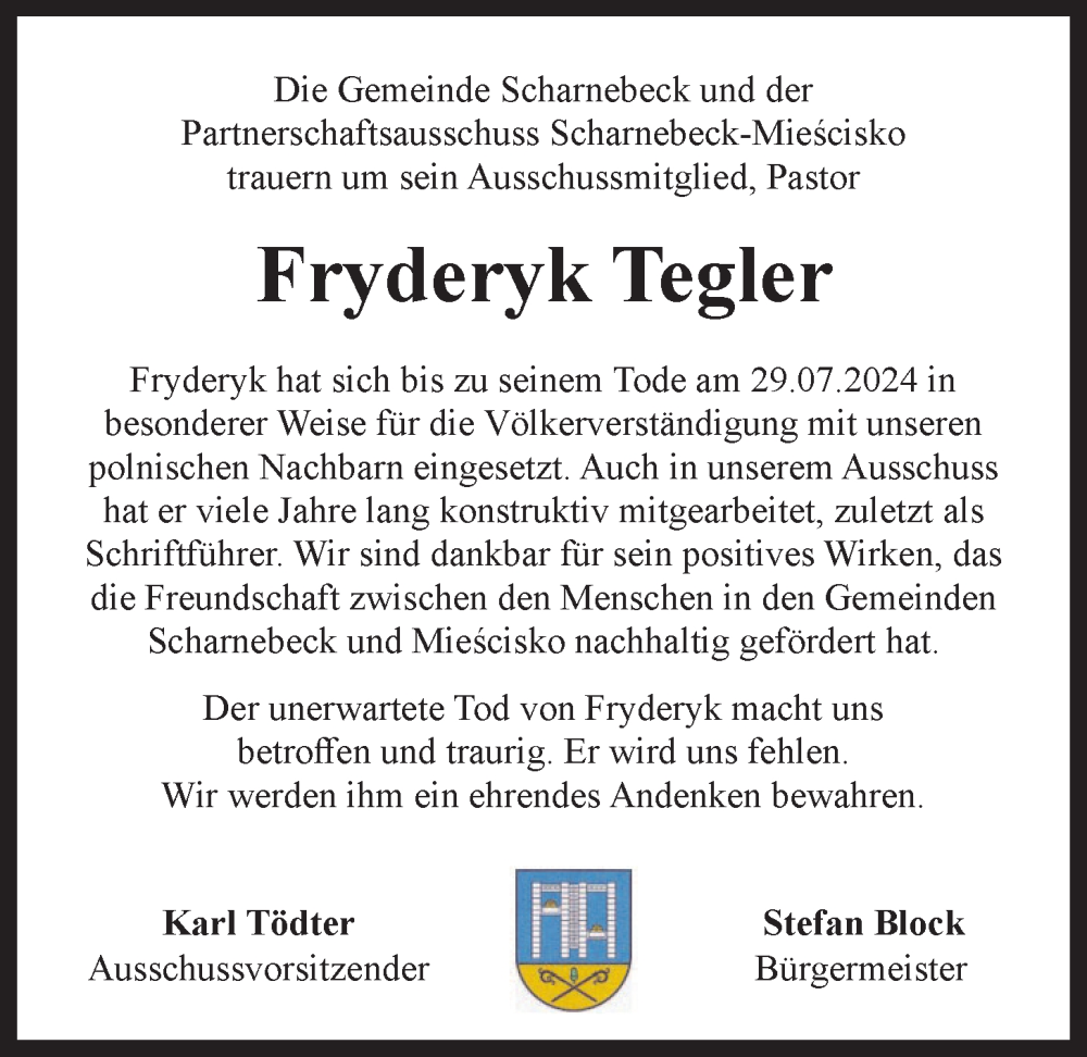  Traueranzeige für Fryderyk Tegler vom 07.08.2024 aus LZ