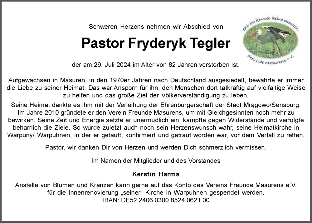  Traueranzeige für Fryderyk Tegler vom 03.08.2024 aus LZ