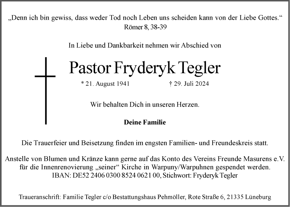  Traueranzeige für Fryderyk Tegler vom 03.08.2024 aus LZ