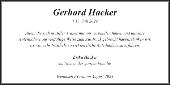 Anzeige von Gerhard Hacker von LZ