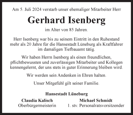 Anzeige von Gerhard Isenberg von LZ