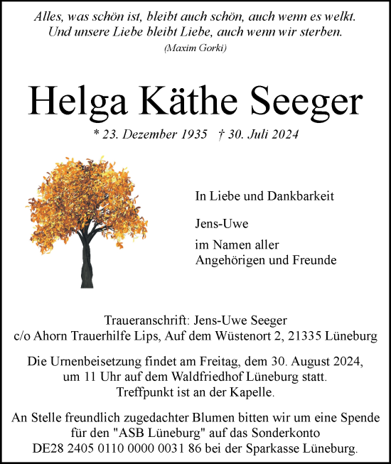 Anzeige von Helga  Seeger von LZ