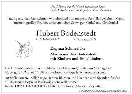 Anzeige von Hubert Bodenstedt von LZ