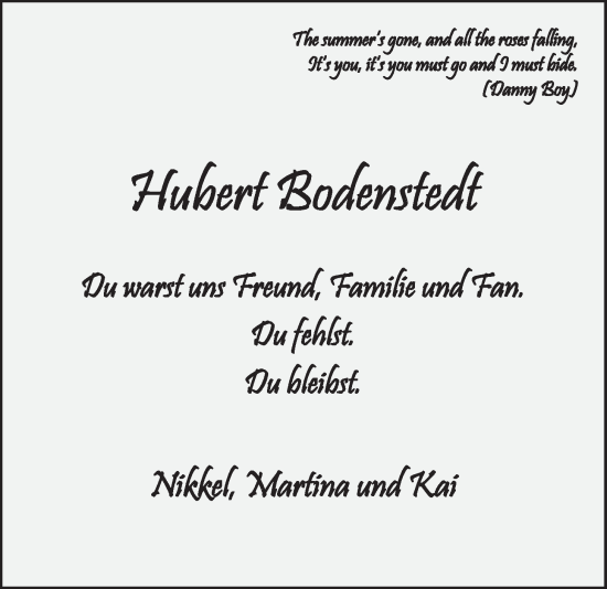 Anzeige von Hubert Bodenstedt von LZ