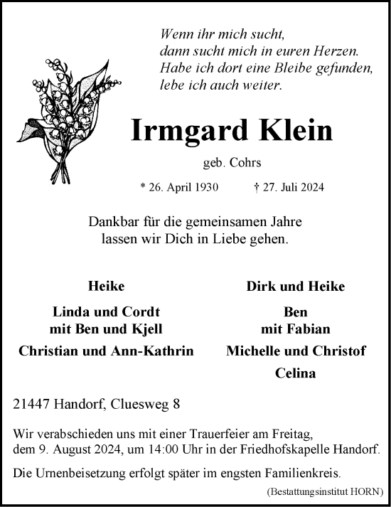 Anzeige von Irmgard Klein von LZ