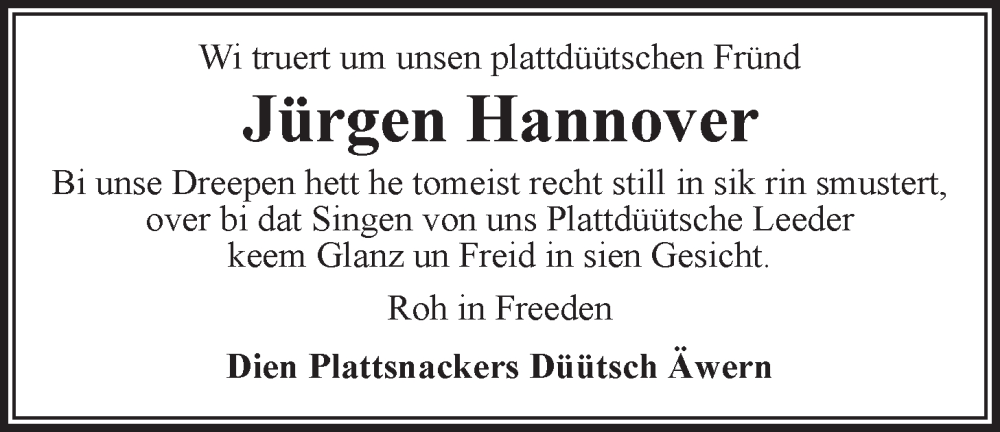  Traueranzeige für Jürgen Hannover vom 10.08.2024 aus LZ