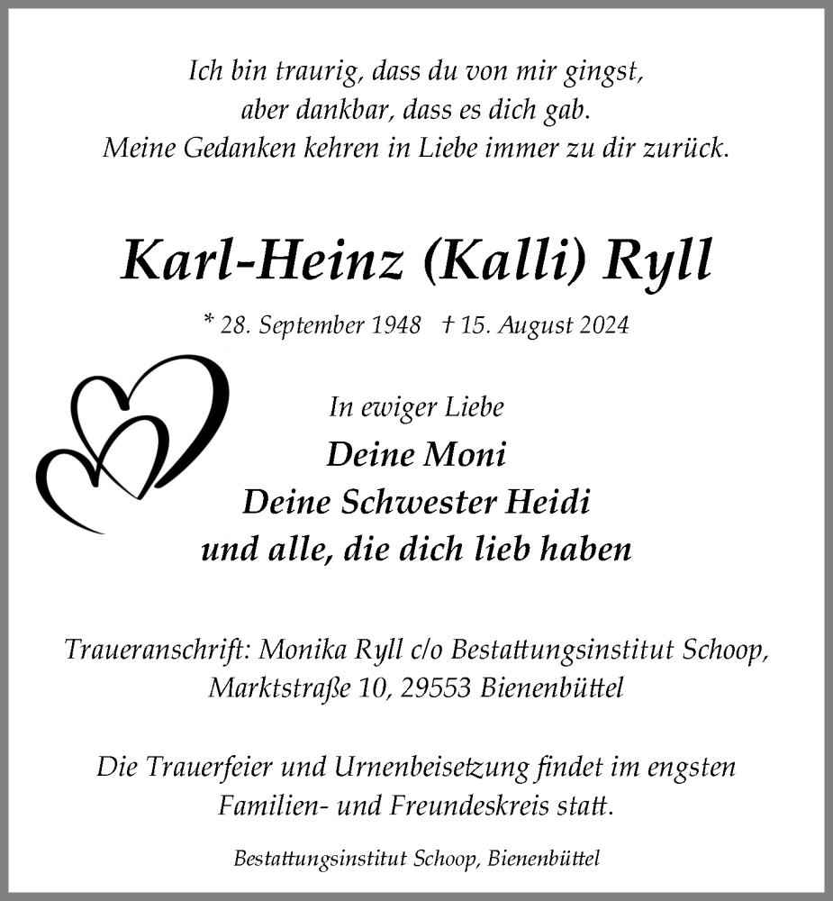  Traueranzeige für Karl-Heinz  Ryll vom 24.08.2024 aus LZ