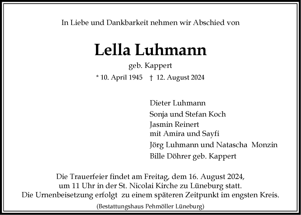  Traueranzeige für Lella Luhmann vom 14.08.2024 aus LZ