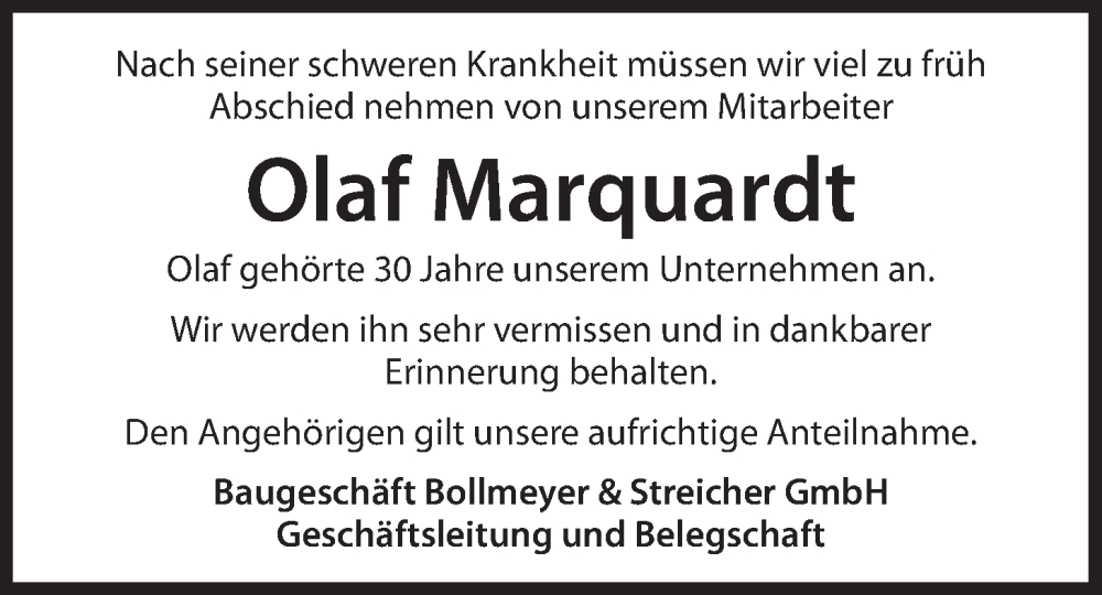  Traueranzeige für Olaf Marquardt vom 03.08.2024 aus LZ