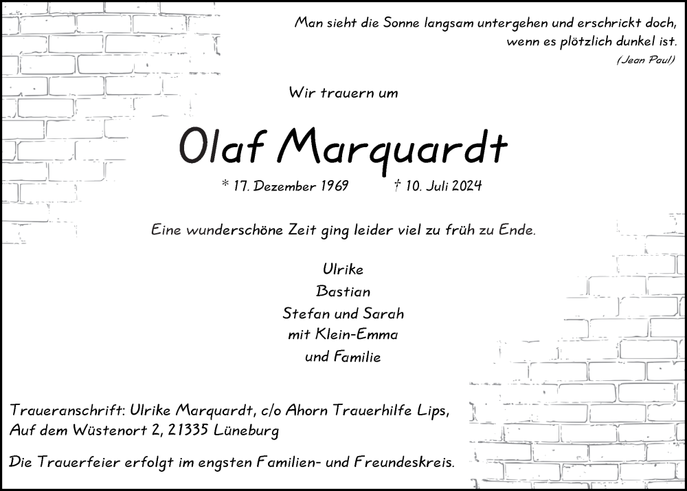  Traueranzeige für Olaf Marquardt vom 03.08.2024 aus LZ