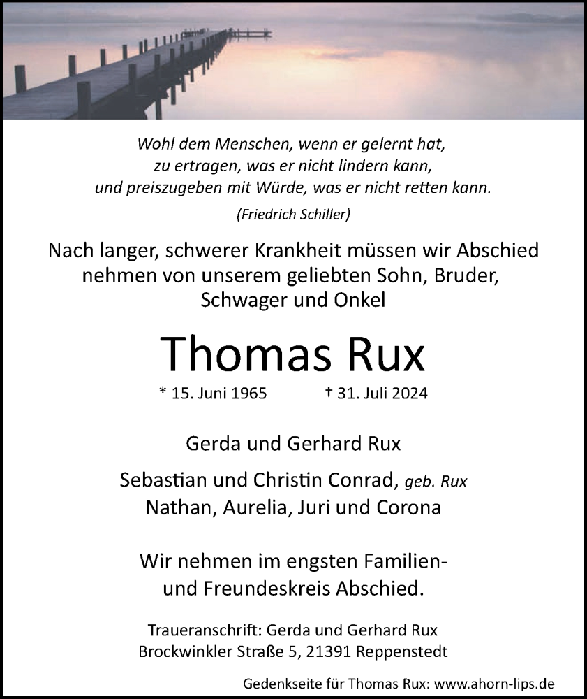  Traueranzeige für Thomas Rux vom 10.08.2024 aus LZ