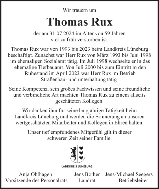 Anzeige von Thomas Rux von LZ