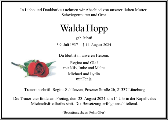 Anzeige von Walda Hopp von LZ